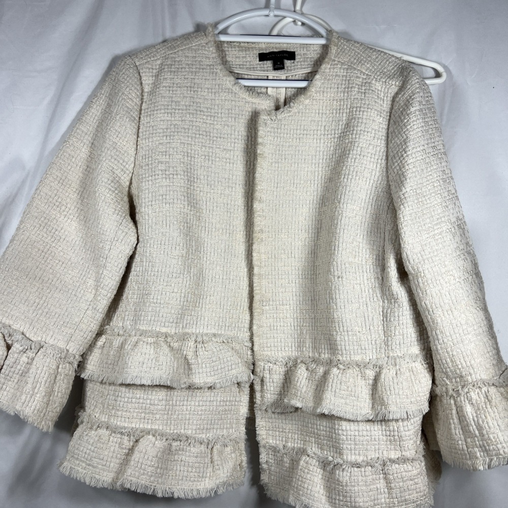 Ann Taylor Jacket Sz 18Ivory Cream Nubby Shimmer Ruffles Fringe Open Front Lined